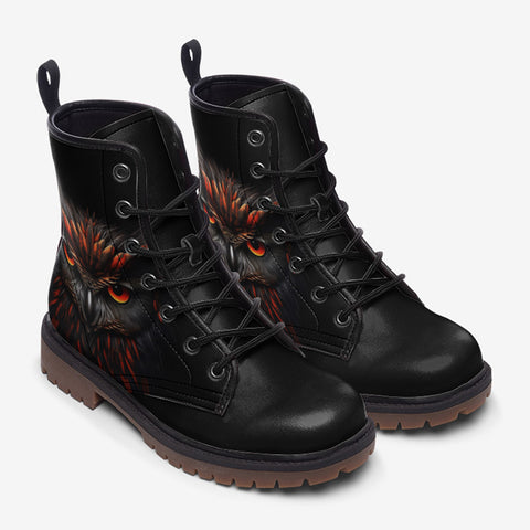 Leather Boots Black Red Owl Head