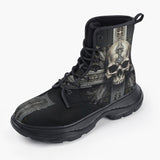 Casual Leather Chunky Boots Skull with Cross