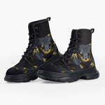 Casual Leather Chunky Boots Black and Yellow Snake