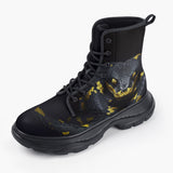 Casual Leather Chunky Boots Black and Yellow Snake