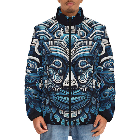 Down-Padded Puffer Jacket Tribal Aztec Mask Artwork