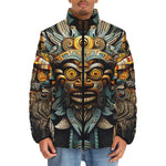 Down-Padded Puffer Jacket Drawing Aztec Mask Art