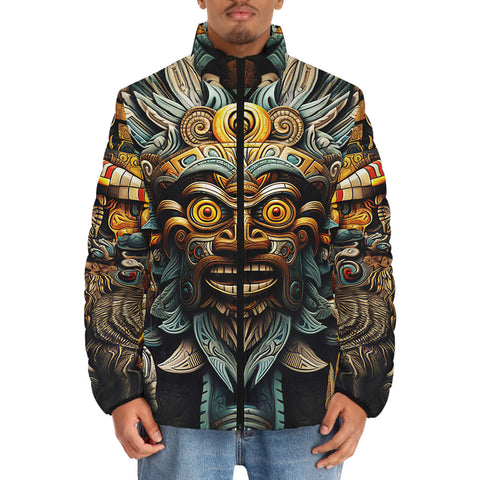 Down-Padded Puffer Jacket Drawing Aztec Mask Art