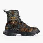 Casual Leather Chunky Boots Drawing Aztec Mask Art