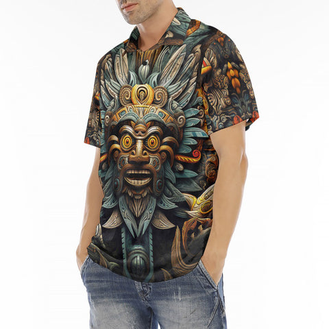 Men's Polo Shirt Drawing Aztec Mask Art