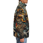 Down-Padded Puffer Jacket Drawing Aztec Mask Art