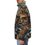 Down-Padded Puffer Jacket Drawing Aztec Mask Art