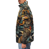 Down-Padded Puffer Jacket Drawing Aztec Mask Art