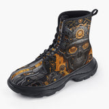 Casual Leather Chunky Boots Robot Skull Guns and Ammo