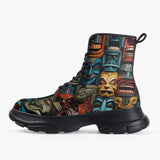 Casual Leather Chunky Boots Aztec Art Masks