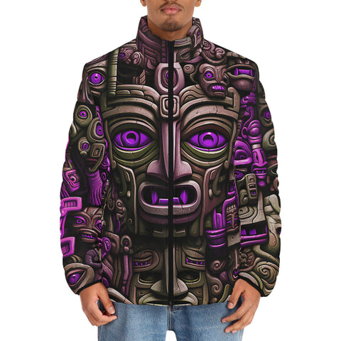 Down-Padded Puffer Jacket Surrealistic Masks Art