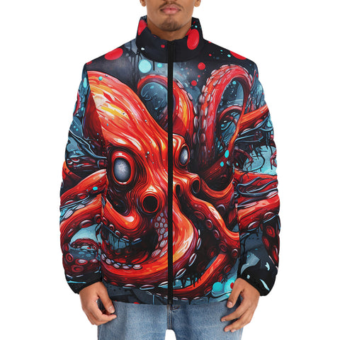 Down-Padded Puffer Jacket Red Octopus in Space