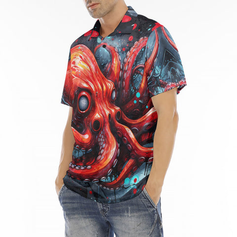 Men's Polo Shirt Red Octopus in Space