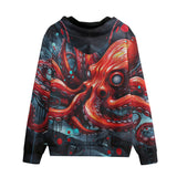 Men's Zip Up Hoodie Red Octopus in Space