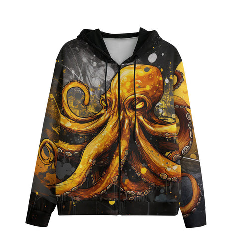 Men's Zip Up Hoodie Orange Octopus with Splatters