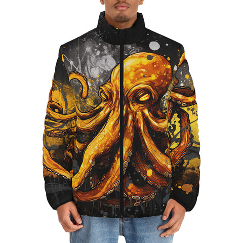 Down-Padded Puffer Jacket Orange Octopus with Splatters