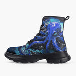 Casual Leather Chunky Boots Blue Octopus with Tentacles