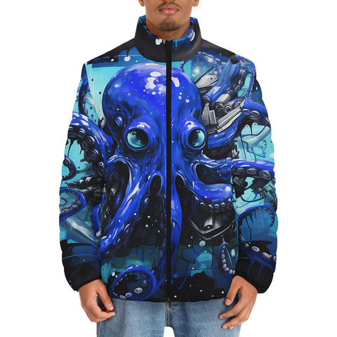 Down-Padded Puffer Jacket Blue Octopus with Tentacles