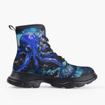 Casual Leather Chunky Boots Blue Octopus with Tentacles