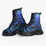 Casual Leather Chunky Boots Blue Octopus with Tentacles