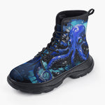 Casual Leather Chunky Boots Blue Octopus with Tentacles