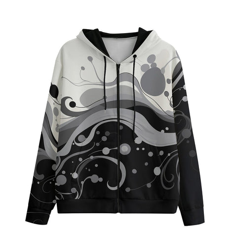 Men's Zip Up Hoodie Black and White Abstract Swirl