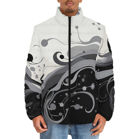 Down-Padded Puffer Jacket Black and White Abstract Swirl