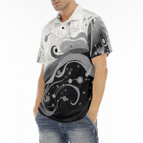 Men's Polo Shirt Black and White Abstract Swirl