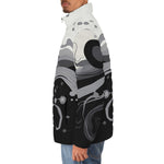 Down-Padded Puffer Jacket Black and White Abstract Swirl