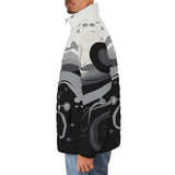 Down-Padded Puffer Jacket Black and White Abstract Swirl