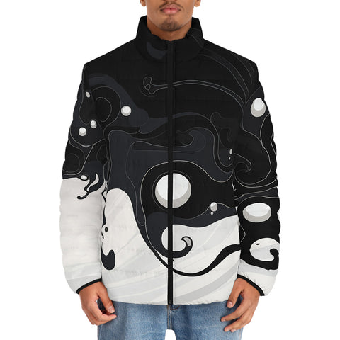 Down-Padded Puffer Jacket Black and White Abstraction