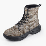 Casual Leather Chunky Boots Embroidered Neoclassical Sculptures Print