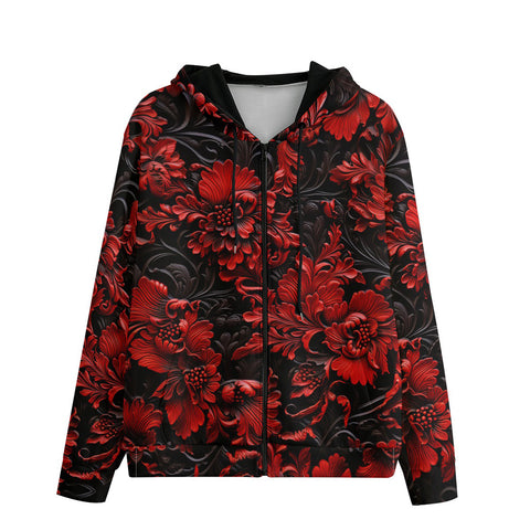 Men's Zip Up Hoodie Red Flowers Embossed Art Print