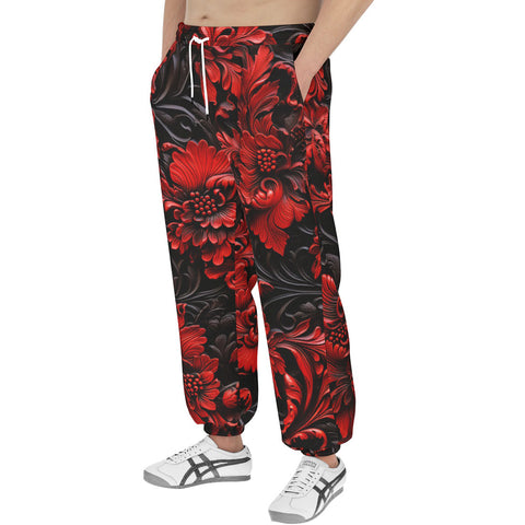 Men's Sweatpants Red Flowers Embossed Art Print