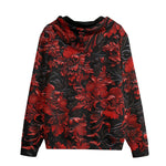 Men's Zip Up Hoodie Red Flowers Embossed Art Print