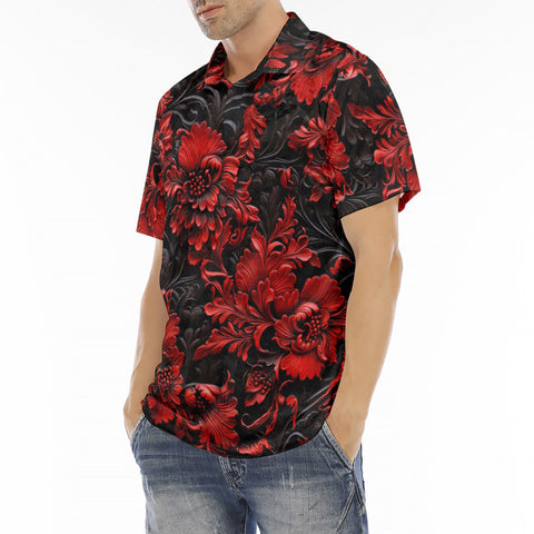 Men's Polo Shirt Red Flowers Embossed Art Print