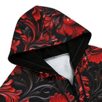 Men's Zip Up Hoodie Red Flowers Embossed Art Print