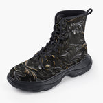 Casual Leather Chunky Boots Black Metal Embossed Art Print