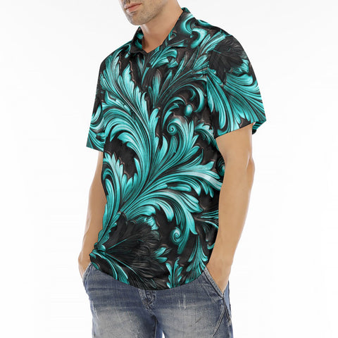 Men's Polo Shirt Black and Turquoise Embossed Art Print