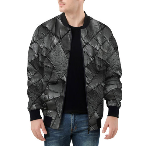 Bomber Jacket Black Leather Patchwork Texture Print