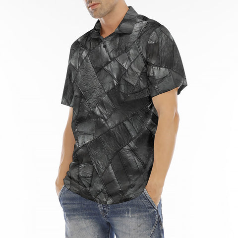 Men's Polo Shirt Black Leather Patchwork Texture Print