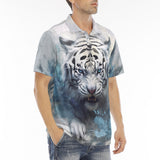 Men's Polo Shirt White Tiger with Blue Splashes