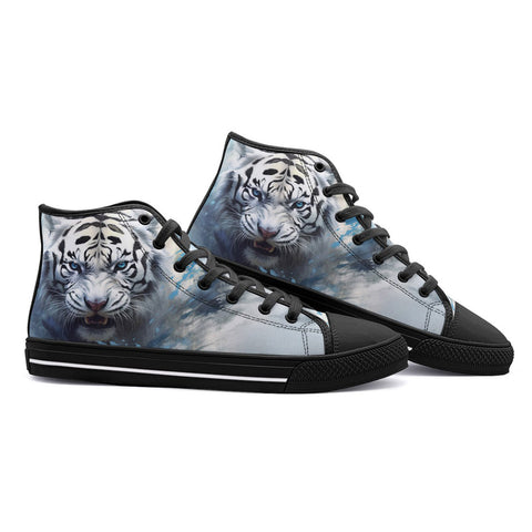 High-Top Canvas Shoes White Tiger with Blue Splashes