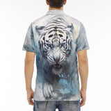 Men's Polo Shirt White Tiger with Blue Splashes