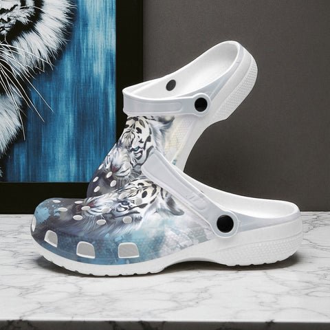 Classic Clogs White Tiger with Blue Splashes