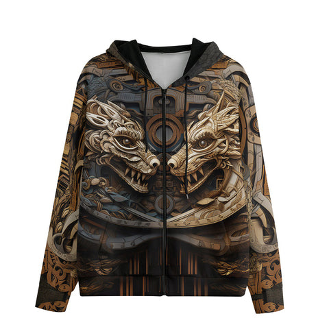 Men's Zip Up Hoodie Surreal Wooden Dragons