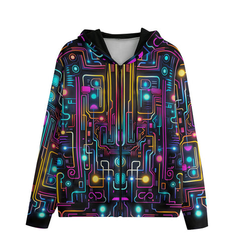 Men's Zip Up Hoodie Futuristic Neon Circuit Art