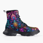 Casual Leather Chunky Boots Neon Art Pattern