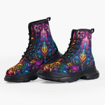 Casual Leather Chunky Boots Neon Art Pattern