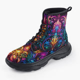 Casual Leather Chunky Boots Neon Art Pattern
